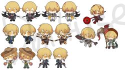 Rule 34 | black suit, blonde hair, blood, blood on clothes, blood on face, chibi, closed eyes, dragon tail, e.g.o (project moon), formal, full body, halberd, hat, highres, jacket, limbus company, neckerchief, necktie, official alternate costume, polearm, project moon, red necktie, short hair, sigil, sinclair (project moon), sombrero, south ac, suit, sweater, sword, tail, weapon, yellow eyes