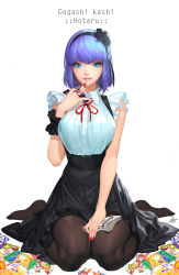 Rule 34 | 10s, 1girl, absurdres, between fingers, black flower, black pantyhose, black ribbon, black rose, black skirt, blonde hair, blue eyes, breasts, character name, cherrylich, collared shirt, copyright name, daeho cha, dagashi kashi, dress shirt, feet, flower, food, frilled sleeves, frills, full body, hair flower, hair ornament, hair ribbon, hairband, hand on own thigh, high-waist skirt, highres, holding, kneeling, large breasts, licking lips, looking at viewer, nail polish, neck ribbon, no shoes, pantyhose, pink lips, purple hair, red nails, red ribbon, ribbon, ringed eyes, rose, shidare hotaru, shirt, short hair, signature, simple background, sitting, skirt, smile, snack, solo, suspender skirt, suspenders, sweets, tongue, tongue out, umaibou, wariza, white background, white shirt, wrist cuffs