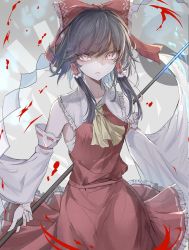 Rule 34 | 1girl, ascot, blood, bow, breasts, brown hair, collarbone, commentary, cowboy shot, detached sleeves, frilled shirt collar, frills, gohei, gradient background, grey background, hair between eyes, hair bow, hair tubes, hakurei reimu, hegata (hegatia lapis), highres, holding, holding stick, looking at viewer, orb, parted lips, petticoat, pink eyes, red bow, red skirt, red vest, sarashi, short hair with long locks, skirt, skirt set, small breasts, solo, standing, stick, swept bangs, touhou, v-shaped eyebrows, vest, wide sleeves, yellow ascot, yin yang, yin yang orb