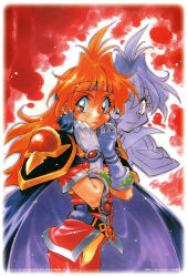 Rule 34 | 1990s (style), 1girl, amulet, araizumi rui, armor, belt, cape, cowboy shot, dark persona, gloves, grin, headband, highres, lina inverse, long hair, looking at viewer, non-web source, official art, painting (medium), pauldrons, red eyes, red hair, retro artstyle, short sleeves, shoulder armor, slayers, smile, traditional media, watercolor (medium), white gloves