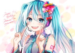 Rule 34 | 1girl, anniversary, aqua eyes, aqua hair, aqua nails, aqua necktie, blush, bow, character name, collared shirt, detached sleeves, english text, frills, hair between eyes, hair bow, happy birthday, hatsune miku, headphones, headset, long hair, looking at viewer, microphone, multiple hair bows, nail polish, necktie, open mouth, pink bow, red bow, shirt, sleeveless, smile, solo, tama (songe), twintails, upper body, vocaloid, yellow bow