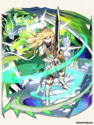 Rule 34 | 1boy, ahoge, alternate hairstyle, armored boots, blonde hair, boots, cape, dragalia lost, dragon, euden, full body, gauntlets, gloves, gradient hair, green cape, green eyes, green hair, holding, holding sword, holding weapon, knight, long hair, looking at viewer, multicolored hair, official art, sword, weapon, white gloves