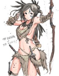Rule 34 | 1girl, bow (weapon), breasts, cleavage, dagger, feathers, forsworn, groin, hakuaki, hip focus, knife, loincloth, medium breasts, navel, sideboob, solo, the elder scrolls, the elder scrolls v: skyrim, thigh strap, thighs, weapon, white background