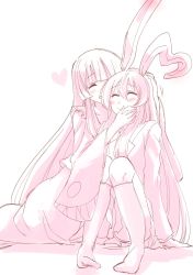 Rule 34 | 2girls, animal ears, arm support, blush, rabbit ears, ear blush, hand on another&#039;s face, hand on another&#039;s head, happy, heart, heart-shaped ear, highres, houraisan kaguya, jacket, japanese clothes, limited palette, long hair, mana (gooney), monochrome, multiple girls, open mouth, headpat, pink theme, reisen udongein inaba, sitting, sketch, smile, socks, touhou, very long hair, wide sleeves