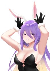 Rule 34 | 1girl, animal ear fluff, animal ears, armpits, arms up, aura (aurapls), bare arms, bare shoulders, black gloves, black leotard, blonde hair, breasts, cleavage, commentary, cosplay, english commentary, fake animal ears, gloves, gradient hair, hair between eyes, hairband, hands up, highres, hololive, hololive indonesia, leotard, long hair, looking at viewer, medium breasts, moona hoshinova, multicolored hair, playboy bunny, purple eyes, purple hair, rabbit ears, rabbit pose, simple background, smile, solo, strapless, strapless leotard, upper body, usada pekora, usada pekora (1st costume), usada pekora (cosplay), virtual youtuber, white background