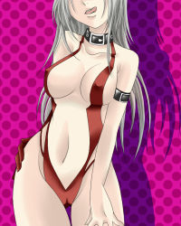 Rule 34 | 1girl, bare shoulders, breasts, cameltoe, cleavage, collar, covered erect nipples, final fantasy, final fantasy tactics, hal (goshujinomocha), hal (haruna), head out of frame, large breasts, leotard, long hair, naughty face, red leotard, silver hair, solo, tongue, tongue out, ultima (fft)