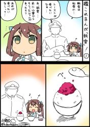 Rule 34 | 10s, 1boy, 1girl, 2koma, :d, ^ ^, admiral (kancolle), asagumo (kancolle), ascot, bowl, brown hair, closed eyes, comic, gradient background, hair ribbon, hat, jam, kantai collection, kobashi daku, long hair, long sleeves, military, military uniform, musical note, open mouth, partially colored, peaked cap, plate, ribbon, rice, rice bowl, smile, spoon, suspenders, translation request, twintails, twitter username, uniform, you&#039;re doing it wrong