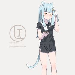 Rule 34 | 1girl, animal ear fluff, animal ears, bare legs, black shirt, black shorts, blue hair, cat ears, cat tail, collarbone, dolphin shorts, drying, extra ears, feet out of frame, green eyes, grey background, hair ornament, hairclip, hands up, highres, holding, holding phone, holding towel, kuro kosyou, long hair, looking at viewer, original, phone, shirt, short eyebrows, short hair, short sleeves, shorts, simple background, slit pupils, solo, standing, straight hair, tail, thick eyebrows, towel, towel around neck