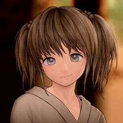Rule 34 | 1girl, blurry, blurry background, brown hair, commentary request, depth of field, grey eyes, grey jacket, hair bobbles, hair ornament, highres, jacket, looking at viewer, original, rustle, short hair, short twintails, smile, solo, twintails, upper body
