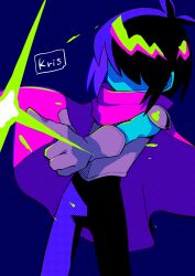 Rule 34 | 1boy, armor, black hair, black pants, blue background, blue skin, cape, character name, colored skin, commentary, deltarune, gloves, hair over eyes, highres, kris (deltarune), magic, male focus, menma (enaic31), pants, pink cape, shoulder armor, simple background, solo, symbol-only commentary, white gloves