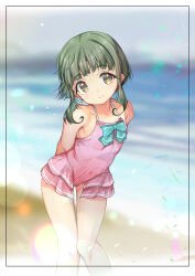 Rule 34 | 1girl, absurdres, adapted costume, aqua bow, aqua bowtie, beach, blunt bangs, bow, bowtie, brown eyes, casual one-piece swimsuit, cowboy shot, feet out of frame, green hair, highres, kantai collection, knees together feet apart, leaning forward, ocean, one-piece swimsuit, outdoors, pink one-piece swimsuit, short hair with long locks, smile, solo, swimsuit, swimsuit skirt, takanami (kancolle), yashin (yasinz)