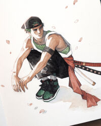 Rule 34 | 1boy, alternate costume, baseball cap, cherry blossoms, full body, green hair, hat, highres, kelogsloops, looking to the side, male focus, one piece, petals, roronoa zoro, scar, scar across eye, shoes, short hair, sneakers, solo, squatting, toned, toned male