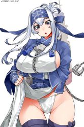 Rule 34 | 1girl, ainu clothes, blue hair, blue headband, breasts, chain, clothes lift, dated, folded ponytail, fundoshi, gradient hair, grey eyes, hair between eyes, happa (cloverppd), headband, japanese clothes, kamoi (kancolle), kantai collection, large breasts, lifted by self, long hair, multicolored hair, parted lips, pelvic curtain, pelvic curtain lift, rigging, sideboob, sidelocks, signature, simple background, solo, tassel, thighhighs, white background, white hair, wrist guards