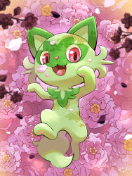 Rule 34 | :3, absurdres, commentary, creatures (company), falling petals, flower, flower request, from above, full body, game freak, highres, looking at viewer, lying, nintendo, on back, on flower, open mouth, pawpads, petals, pokemon, pokemon (creature), purple flower, red eyes, signature, smile, solo, sprigatito, yamaori (hakkentai pokedan)