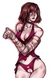 Rule 34 | 1girl, ashiori-chan, bandaged arm, bandages, breasts, brown hair, cleavage, cleft of venus, dress, eileen galvin, expressionless, injury, lipstick, looking to the side, makeup, medium breasts, panties, purple panties, pussy, shiny skin, short hair, silent hill, silent hill (series), silent hill 4: the room, simple background, solo, torn clothes, underwear, wide hips