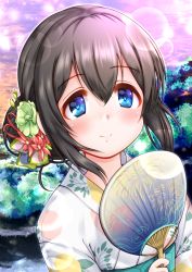 Rule 34 | 1girl, aged down, black hair, blue eyes, closed mouth, commentary request, flower, green flower, hair between eyes, hair bun, hair flower, hair ornament, hand fan, hand up, highres, holding, holding fan, idolmaster, idolmaster cinderella girls, idolmaster cinderella girls starlight stage, jacket, looking at viewer, obi, paper fan, red flower, regular mow, sagisawa fumika, sash, smile, solo, uchiwa, upper body, white jacket