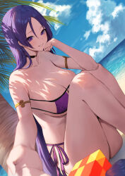 Rule 34 | 1girl, absurdres, armlet, bare legs, bikini, black choker, blue sky, blurry, breasts, choker, cleavage, cloud, day, depth of field, elbow on knee, elbow rest, eyepatch bikini, fate/grand order, fate (series), grin, highres, knees up, large breasts, long hair, looking at viewer, minamoto no raikou (fate), minamoto no raikou (fate/grand order), minamoto no raikou (swimsuit lancer) (fate), minamoto no raikou (swimsuit lancer) (third ascension) (fate), outdoors, palm tree, purple bikini, purple eyes, purple hair, reaching, reaching towards viewer, rororo, side-tie bikini bottom, sitting, sky, smile, solo, swimsuit, thighs, tree, very long hair
