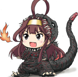 Rule 34 | 1girl, ahoge, akiran (r32), alternate costume, black eyes, brown hair, chibi, commentary request, cosplay, eyebrows, fang, fire, godzilla, godzilla (cosplay), godzilla (series), godzilla (shin), hairband, headband, kaijuu, kantai collection, kongou (kancolle), long hair, monster, open mouth, parody, sharp teeth, shin godzilla, simple background, solo, tail, teeth, white background