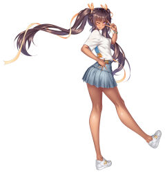 Rule 34 | 1girl, alternate hairstyle, aoi nagisa (metalder), ass, bare legs, blush, breasts, brown hair, casual, dark-skinned female, dark skin, female focus, full body, hair ribbon, hand on own hip, highres, lilith-soft, long hair, looking back, mizuki yukikaze, official art, one eye closed, pink eyes, ribbon, shiny skin, shoes, simple background, skirt, small breasts, sneakers, solo, standing, taimanin (series), taimanin rpgx, taimanin yukikaze, thighhighs, twintails, v, very long hair, white background, wink