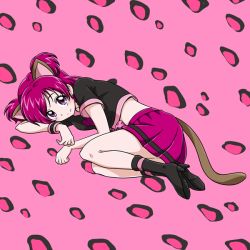 Rule 34 | 00s, 1girl, animal ears, cat ears, cat tail, full body, kemonomimi mode, lying, nita (onakatohoppe), on side, panther pink (precure), pink background, pink hair, pink skirt, precure, purple eyes, shirt, shoes, short hair, skirt, smile, solo, tail, two side up, yes! precure 5, yumehara nozomi