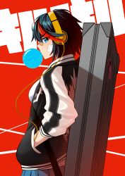 Rule 34 | 1girl, absurdres, bandaid, bandaid on cheek, bandaid on face, bandaid on nose, black hair, black jacket, blue skirt, breasts, chewing gum, commentary request, copyright name, from side, hand in pocket, headphones, highres, jacket, kill la kill, kya (kyamonhara), long sleeves, looking at viewer, matoi ryuuko, medium breasts, multicolored clothes, multicolored hair, multicolored jacket, pleated skirt, red hair, short hair, skirt, solo, streaked hair, suitcase, translation request, v-shaped eyebrows, white jacket