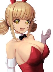 Rule 34 | 1girl, :d, animal ears, bare shoulders, black bow, black bowtie, blonde hair, blunt bangs, bowtie, breasts, cleavage, collarbone, cross-shaped pupils, detached collar, elbow gloves, fake animal ears, gloves, goddess of victory: nikke, green eyes, kano hoshi, large breasts, leotard, novel (nikke), open mouth, playboy bunny, rabbit ears, red leotard, short hair, short twintails, sidelocks, smile, solo, strapless, strapless leotard, symbol-shaped pupils, twintails, white gloves