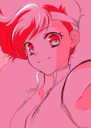 Rule 34 | 1girl, armpits, breasts, cleavage, collarbone, dirty pair, from side, hair behind ear, headband, highres, kei (dirty pair), light smile, looking at viewer, medium breasts, monochrome, pink background, pink theme, portrait, red eyes, red hair, sketch, smile, snow (snowsnow211), solo
