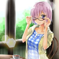 Rule 34 | 1girl, adjusting eyewear, arms at sides, backlighting, black-framed eyewear, blue dress, blush, breasts, cafe, chair, closed mouth, collarbone, cup, dress, fate/grand order, fate (series), glasses, hair over one eye, hands up, hexagon, highres, hood, hoodie, indoors, kuria (clear trip second), lens flare, looking at viewer, mash kyrielight, mash kyrielight (senpai killer outfit), medium breasts, official alternate costume, open clothes, open hoodie, plaid, plaid dress, purple eyes, purple hair, saucer, short hair, smile, solo, table, teacup, upper body, white dress, window