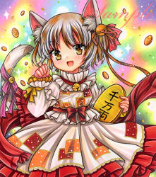 Rule 34 | 1girl, :d, adapted costume, animal ear fluff, animal ears, bell, blush, brown hair, cat ears, cat girl, cat tail, coin, cowboy shot, dress, fang, frilled dress, frills, gold, goutokuji mike, hair bell, hair ornament, hair ribbon, hand up, holding, jingle bell, koban (gold), long sleeves, looking at viewer, marker (medium), multicolored hair, neck bell, open mouth, patch, paw pose, pink ribbon, red ribbon, ribbon, rui (sugar3), sample watermark, short hair, smile, solo, sparkle, standing, streaked hair, tail, tail ornament, tail ribbon, touhou, traditional media, watermark, white dress, white hair, yellow eyes
