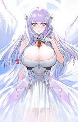 Rule 34 | 1girl, absurdres, azur lane, breasts, cleavage, collar, detached collar, dress, gloves, half gloves, highres, huge breasts, kaki z3, long hair, looking at viewer, plymouth (azur lane), purple eyes, purple hair, see-through, see-through dress, solo, white collar, white dress, white gloves, wings