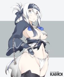 Rule 34 | 10s, 1girl, between breasts, black thighhighs, breasts, chain, character name, cowboy shot, detached sleeves, folded hair, fundoshi, grey eyes, hair between eyes, hair censor, hair over breasts, headband, japanese clothes, kamoi (kancolle), kantai collection, medium breasts, navel, parted lips, shigino sohuzi, sidelocks, simple background, solo, thick eyebrows, thighhighs, torn clothes, white hair