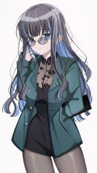 Rule 34 | 1girl, absurdres, adapted costume, bag, black hair, blue eyes, blue hair, casual, closed mouth, colored inner hair, cowboy shot, fate/grand order, fate (series), fishnet top, fishnets, floral print, green jacket, hand in pocket, handbag, highres, jacket, long hair, looking at viewer, mati5572, multicolored hair, no headwear, rose print, simple background, solo, sunglasses, tenochtitlan (fate), tenochtitlan (second ascension) (fate), wavy hair, white background