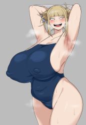 Rule 34 | 1girl, armpits, blonde hair, blush, boku no hero academia, breasts, chamchami, cleavage, covered erect nipples, curvy, fang, highres, huge breasts, large areolae, large nipples, looking at viewer, nipple slip, nipples, open mouth, plump, smile, solo, thick thighs, thighs, toga himiko, wide hips, yellow eyes