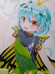Rule 34 | 1girl, animal, antennae, aqua hair, beni kurage, blush, bug, butterfly, butterfly wings, dress, eternity larva, fairy, green dress, hair between eyes, highres, insect, insect wings, leaf, leaf on head, multicolored clothes, multicolored dress, open mouth, orange eyes, short hair, short sleeves, single strap, smile, solo, touhou, traditional media, upper body, wings