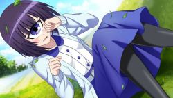 Rule 34 | 1girl, artist request, belt, black pantyhose, blue eyes, blue jacket, blue skirt, blush, cyclops, game cg, jacket, knees together feet apart, long sleeves, looking at viewer, manako, monster musume no iru nichijou, monster musume no iru nichijou online, official art, on grass, one-eyed, outdoors, pantyhose, purple hair, shirt, short hair, sitting, skirt, solo, tearing up, tears, white shirt, wiping tears