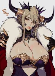 Rule 34 | absurdres, artoria pendragon (fate), artoria pendragon (lancer alter) (fate), artoria pendragon (lancer alter) (ox-demon king) (fate), blonde hair, breasts, brown eyes, chinese zodiac, ennuigrl, fate/grand order, fate (series), grey background, happy new year, highres, huge breasts, lips, long hair, new year, ox horns, simple background, solo