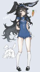 Rule 34 | 1girl, animal ears, arm behind back, bare arms, black footwear, black hair, blue hairband, blue shorts, carrot, covered navel, curly hair, frills, full body, grey background, grey eyes, hairband, highres, kneehighs, long hair, milka (milk4ppl), notice lines, original, overall shorts, overalls, parted lips, pigeon-toed, rabbit ears, shoes, shorts, siska (milka), socks, standing, white socks