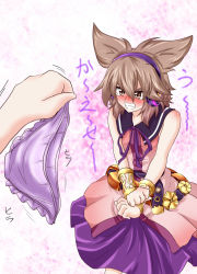 Rule 34 | 1girl, angry, belt, benizuwai, blush, bracelet, brown eyes, clenched teeth, clothes theft, covering privates, covering crotch, dress, earmuffs, embarrassed, frown, hanging, highres, holding, holding clothes, holding panties, holding underwear, jewelry, light brown hair, looking at hand, neck ribbon, out of frame, panties, pov, pov hands, purple panties, ribbon, short hair, skirt, sleeveless, sleeveless dress, solo focus, tearing up, tears, teasing, teeth, theft, touhou, toyosatomimi no miko, underwear, underwear theft, v arms