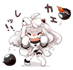 Rule 34 | 10s, 1girl, abyssal ship, ahoge, bluetenbin, clenched hands, colored skin, crying, dress, horns, kantai collection, long hair, looking at viewer, mittens, northern ocean princess, pale skin, simple background, translation request, white background, white dress, white hair, white mittens, white skin