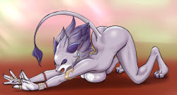 Rule 34 | 1girl, all fours, alternate form, animal ears, armlet, ass, bracelet, breasts, cat ears, cat girl, cat tail, claws, colored sclera, earrings, fangs, furry, isabella (seiken densetsu 3), jewelry, no nipples, no pussy, poppezinga, purple fur, purple hair, red sclera, ring, seiken densetsu, seiken densetsu 3, tail