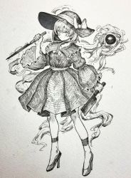 Rule 34 | 1girl, absurdres, blush, bow, cleaver, closed mouth, commentary request, dual wielding, earrings, full body, greyscale, hand up, hat, hat bow, high heels, highres, holding, holding knife, jewelry, knife, komeiji koishi, long sleeves, looking at viewer, mashimashi, monochrome, puffy sleeves, short hair, solo, standing, touhou, traditional media, wide sleeves