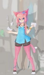 Rule 34 | 1girl, absurdres, animal ears, anklet, bare shoulders, blue shirt, blurry, blurry background, bow, brown shorts, cat ears, cat girl, cat tail, closed mouth, digitigrade, flat chest, flying paper, full body, hair bow, hair ornament, hair over shoulder, highres, holding, holding paper, jewelry, kearful, looking at viewer, multiple bracelets, necklace, original, paper, pink fur, pink hair, pom pom (clothes), round eyewear, semi-rimless eyewear, shirt, short hair with long locks, shorts, side slit, sidelocks, tail, wide hips, yellow-framed eyewear