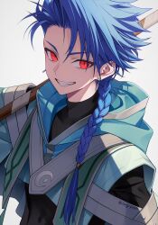 Rule 34 | 1boy, blue hair, braid, chimachi, cu chulainn (fate), earrings, fate/grand order, fate/grand order arcade, fate (series), grey background, grin, highres, jewelry, male focus, over shoulder, red eyes, setanta (fate), smile, staff, twitter username, weapon, weapon over shoulder