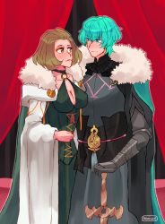 Rule 34 | 1boy, 1girl, absurdres, armor, artist name, breasts, brown eyes, brown hair, byleth (fire emblem), byleth (male) (fire emblem), capelet, choker, cleavage, curtains, dress, fire emblem, fire emblem: three houses, fur trim, greaves, green dress, green eyes, green hair, heroes relic (fire emblem), hetero, highres, holding, holding sword, holding weapon, large breasts, looking at another, manuela casagranda, matching hair/eyes, nintendo, reikiwie, short hair, smile, sword, sword of the creator, weapon