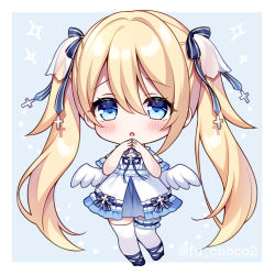 Rule 34 | 1girl, :o, blue background, blue bow, blue eyes, blue footwear, blush, bow, chibi, commentary request, cross, dress, full body, hair between eyes, hair bow, hands up, high heels, latin cross, long hair, mitsuba choco, original, parted lips, shoes, solo, sparkle, standing, steepled fingers, thighhighs, twintails, two-tone background, very long hair, white background, white dress, white thighhighs