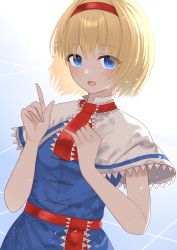 Rule 34 | 1girl, :d, absurdres, alice margatroid, anima miko, blonde hair, blue background, blue dress, blue eyes, capelet, dress, gradient background, hairband, highres, index finger raised, looking at viewer, open mouth, red hairband, short hair, smile, solo, touhou, upper body, white capelet
