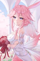 Rule 34 | 1girl, animal ears, bare shoulders, blue sky, bouquet, breasts, closed mouth, commentary, day, detached sleeves, dress, flower, from side, hair between eyes, highres, holding, holding bouquet, honkai (series), honkai impact 3rd, long sleeves, looking at viewer, looking to the side, medium breasts, nami (tznami), petals, pink flower, pink hair, pink rose, pink skirt, pleated skirt, purple eyes, red flower, red rose, rose, skirt, sky, smile, solo, tree, twitter username, white dress, white sleeves, yae sakura, yae sakura (flame sakitama)