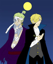 Rule 34 | 2boys, bandages, blonde hair, cloak, earrings, fangs, green hair, japanese clothes, jewelry, kimono, looking at viewer, multiple boys, one piece, roronoa zoro, sanji (one piece), scar, stitches, vampire, zombie