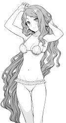 Rule 34 | 1girl, absurdres, adjusting hair, arms up, bikini, breasts, feet out of frame, frilled bikini, frills, greyscale, highres, long hair, looking at viewer, medium breasts, monochrome, navel, nishi yusuke, shell, shell bikini, shishunki renaissance! david-kun, simple background, smile, solo, swimsuit, venus (shishunki renaissance! david-kun), very long hair, white background