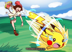 Rule 34 | 1girl, :d, ^ ^, absurdres, bag, bare legs, beanie, blue sky, brown hair, catastropika (pokemon), closed eyes, cloud, cloudy sky, commentary, creatures (company), deviantart username, english commentary, game freak, gen 1 pokemon, grass, green shorts, harlequinwaffles, hat, highres, leg up, mixed-language commentary, nintendo, open mouth, outdoors, pikachu, pokemon, pokemon (creature), pokemon move, pokemon sm, red footwear, red hat, selene (pokemon), shirt, shoes, short hair, short shorts, short sleeves, shorts, shoulder bag, sky, smile, sneakers, spanish commentary, sparkle, speed lines, standing, standing on one leg, tears, teeth, throwing, tied shirt, upper teeth only, watermark, web address, yellow shirt, z-move, z-ring, |d